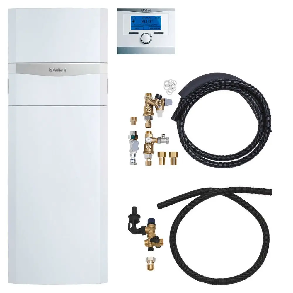 Vaillant Heizgerät in weißer Ausführung mit digitalem Display, ergänzt durch Installationszubehör wie Rohre und Ventile.